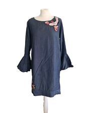 Sana Safinaz Dress Embroidered Blue Floral Bohemian Ethnic Flared Sleeve. Large.