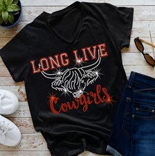 V neck Long Live Cowgirls Bull Rhinestone t shirt line Dancing Ladies all size