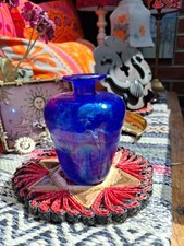 Vintage Iridescent Art Glass Blue Vase Rainbow Lustre 