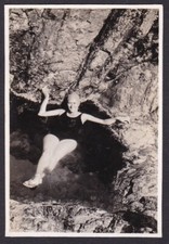 Beautiful Vintage Snapshot Photograph Lady In Rock Pool Beach Seaside