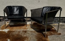 Pair Of Vintage Danish Skandi armchairs Chairs Black Leather Cane Work & Chrome