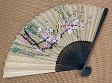 REDUCED Vintage Large Hand Painted Chinese Wall Fan Flowers Birds 118cm w x70cm
