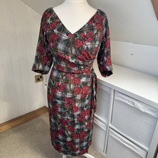 Bombshell London Dress Size 12 Red Rose & Tartan Wiggle Pencil 50s Style