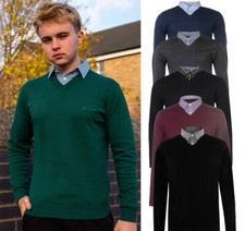 Mens Knitted Jumper 100% Cotton V-Neck with Mock Shirt Collar Insert S-6XL