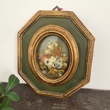 Vintage Oil Painting In Small Ornate Gold Frame Floral Italian Convex Glass 35cm