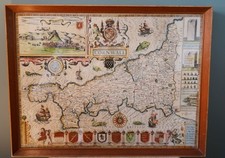 Vintage Framed JOHN SPEED'S MAP OF CORNWALL 1676 - Reprinted in mid-20th century