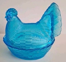 Vintage Blue Glass Hen Zabkowice ? Poland Egg Holder Chicken Kitchen See Descrip