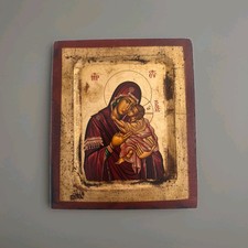 Orthodox Catholic Hand Painted Egg Tempera Solid Wood Icon Theotokos Jesus Mary