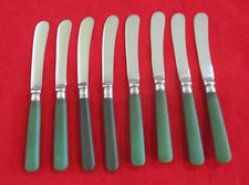 Vintage EPNS Butter Spreaders Knives X 8 Green Ivorine Handles. Mixed
