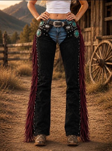 Women black leather fringe - women's,