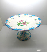VINTAGE VICTORIAN WHITE BLUE HAND PAINTED FLORAL CERAMIC CAKE STAND