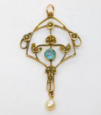 Edwardian 9ct Yellow Gold, Topaz, Seed Pearl Lavalier Pendant Antique c1910