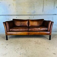Vintage 70s Stouby Tan Leather 2.5 Seater Sofa Børge Mogensen Style #A393