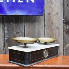 Antique French Marble Topped Brass Ebonised Inlaid Grocery Shop Weighing Scales