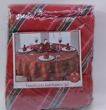 Tartan Tablecloth Round With 6 Napkins Plaid Check Red & Green 70" Diameter Xmas