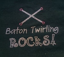 BATON TWIRLERS BLACK T SHIRT ALL SIZES BATON TWIRLING ROCKS RHINESTONE LETTERS 