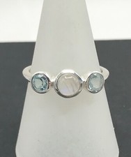 Blue topaz & rainbow moonstone ring, solid Sterling Silver, round, 3 stone.