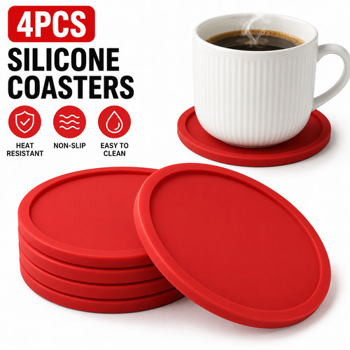Red round silicone coasters - red,