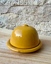 ? Vintage French Yellow Butter Dish & Domed Lid Provence Rustic Pottery Style