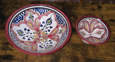 2 X Moroccan Safi Ceramic Orange Black Blue Bowl Terracotta Clay Food Home Decor