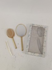 Vintage Vanity Set Brush Mirror Comb Floral Embroidery Gold Trim - IN BOX