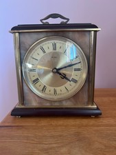 Vintage Metamec Mantle Clock In Gold With Wood Brass & onyx 1.8kg 17x18.5x7.75cm
