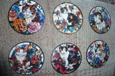 Set of 6 Round Wood Multicoloured Stained Glass Design Cat Coasters  - New