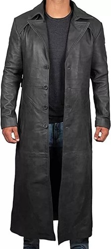 Men black biker long trench - biker,