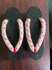 Geta, Japanese sandals wooden base rubber sole cloth uppers adult size 7.5 inch