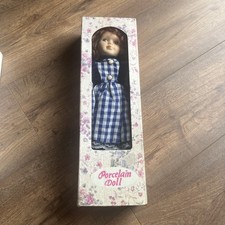 Vintage Homeart Porcelain Doll In Blue White Dress Ginger Hair Brown Eyes