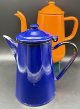 Two Vintage Enamel Coffee Pots Pot ( 1 Polish ) BLUE AND ORANGE interior Decor