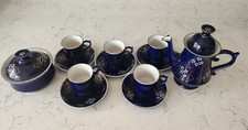 Vintage USSR Novgorod Bronnitsky Cobalt Blue Coffee Tea Set 24K Gold Soviet