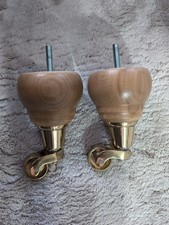 Wooden Furniture Leg with Brass Castor Light Oak Gloss Finish H12.5cm x D 7.5cm