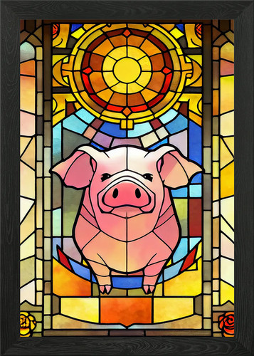 Pig stained glass style framed - stained,