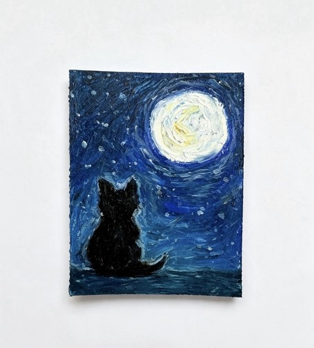 Aceo black cat - black, moonlight