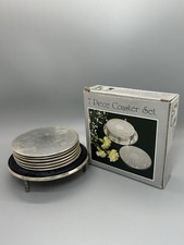 Set Of 7 Silver Plated Tumbler Coasters & Bottle Caddy Embossed Design Non Slip