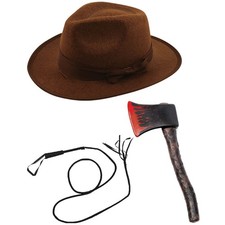 Brown Explorer Hat Bull Whip Fake Bloody Axe Adults Halloween Haunted Hunter set