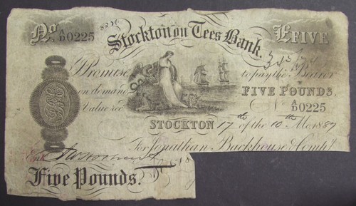 Five pound note 1887 stockton - five,