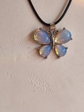 Blue Opal Gemstone Butterfly Pendant  Necklace On 50cm Black Cord New.