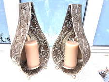 PAIR MOROCCAN STYLE SILVER FILIGREE METAL & MIRROR TEARDROP CANDLEHOLDERS