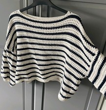 Marta Italian Cotton Knit Black & White Stripe Crop Jumper 3/4 Sleeves