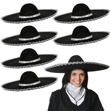 6 X BLACK FELT SOMBRERO HAT XL