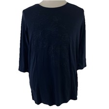 Blair Floral Embroidered Front 3/4 Sleeve Top Blue Size Large New 9507