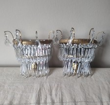 Vintage Pair Cut Glass Waterfall Chandelier Mirrior Backed Wall Lights Sconces