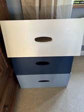 Set of 3 Under Bed  wooden Storage Boxes On Castors Wheels in blue & white