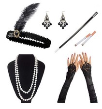 7 Piece 1920s Flapper Accessory Set Feather Headband Pearl Necklace Retro
