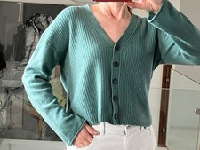 Jigsaw Classic Boxy V-Neck Green Cardigan Wool/Cashmere Rib Knit front Size L
