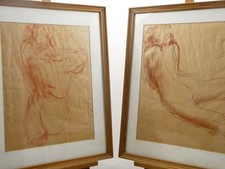 Antique Impressionist 2 Pencil & Oil Pastels. European School. Female Nude Study