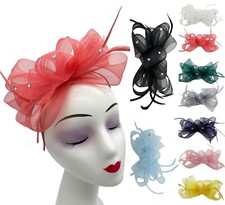 Women's Mesh Bow Fascinator Headband Clip Feather Wedding Day Race Royal Ascot