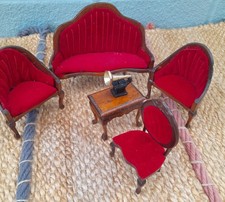 Dolls House Miniatures  Wooden Sitting Room Set Padded  Couch  3 Chairs  &Table 